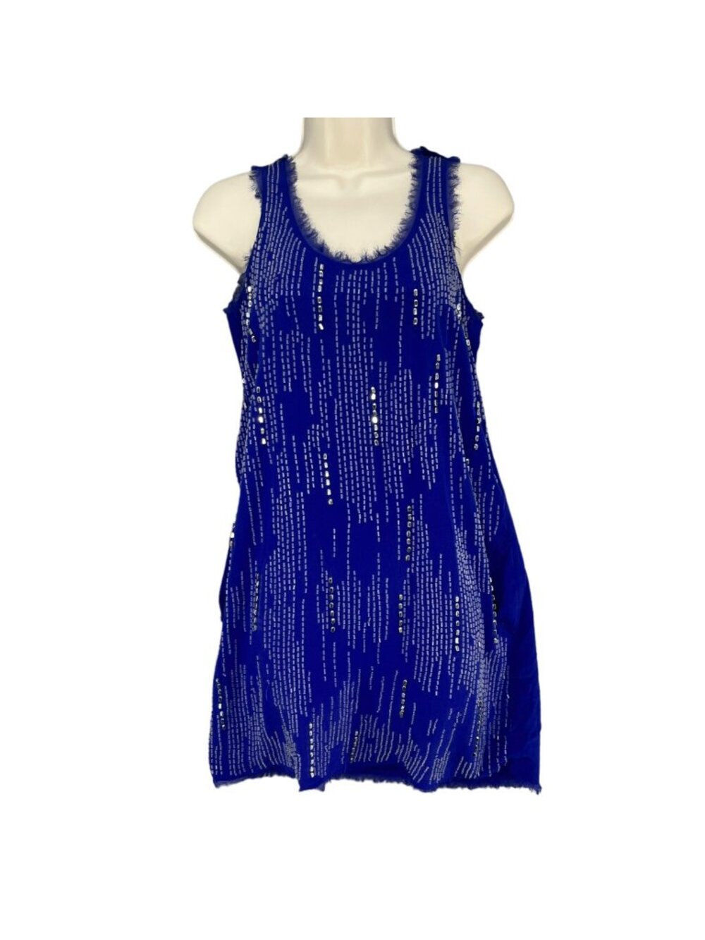 Madison Marcus Silk Mini Dress Blue Beaded Raw Hem Pockets Scoop Neck Size XS